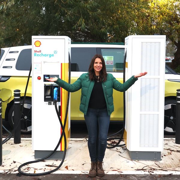 Ginny Buckley and Shell Recharge Rapid chargers, with VW Buzz
